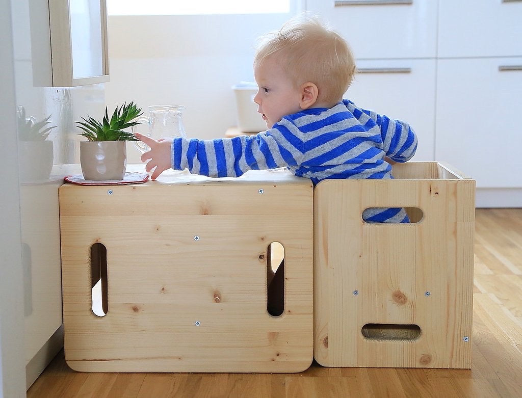 Massief Hout Manine Montessori Set van 2 KubusStoeltjes - KinderStoel en/of Tafeltje - Groeit Mee